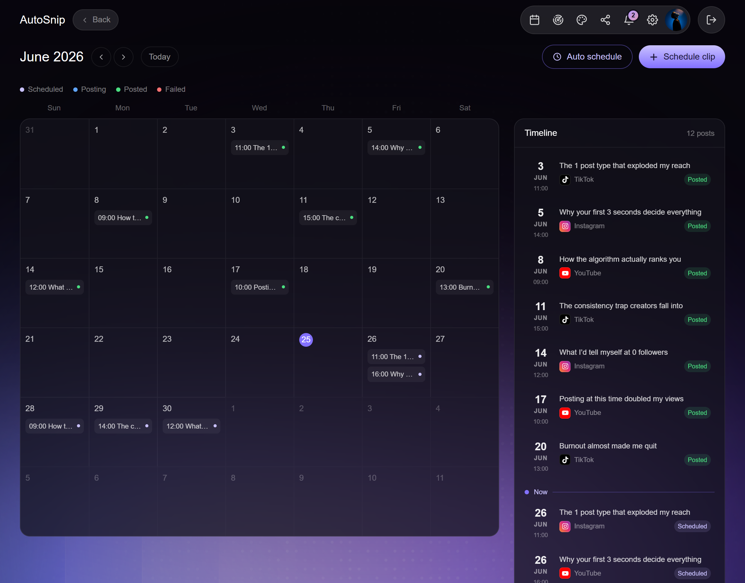 Social media scheduling calendar in the Icecreeam app