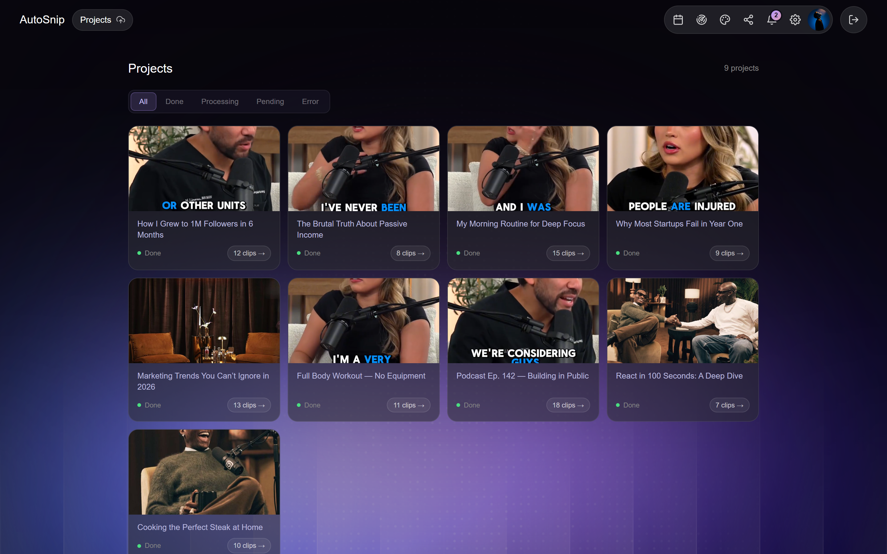 Projects dashboard in the Icecreeam app